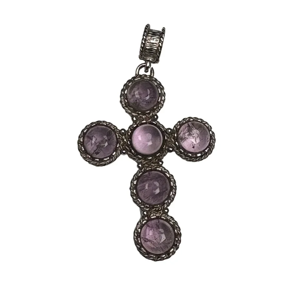 Silver‎ Tone Cross Pendant Necklace with Amethyst Cabochons